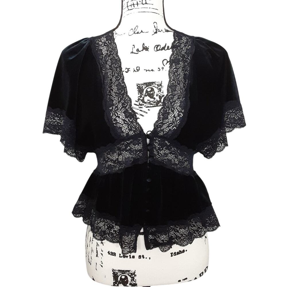 Forever 21 Black Crushed Velvet Crop Top Sheer Lace Whimsygoth Vampire Womens S